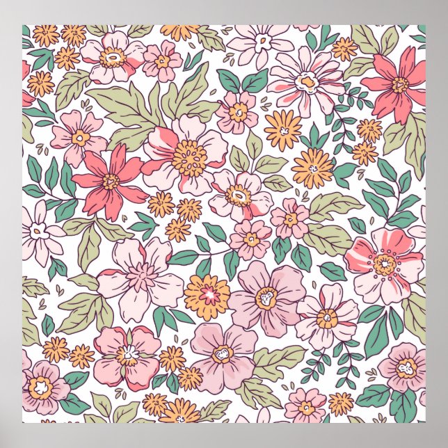 Póster Elegante estampado floral en flor de tracción a ma (Frente)