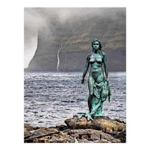 Póster elegante estatua de sirena de bronce