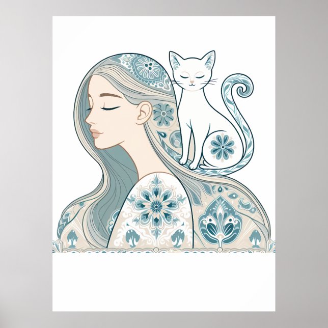 Póster Elegante estilo Art Nouveau de la Mujer y el Gato (Frente)