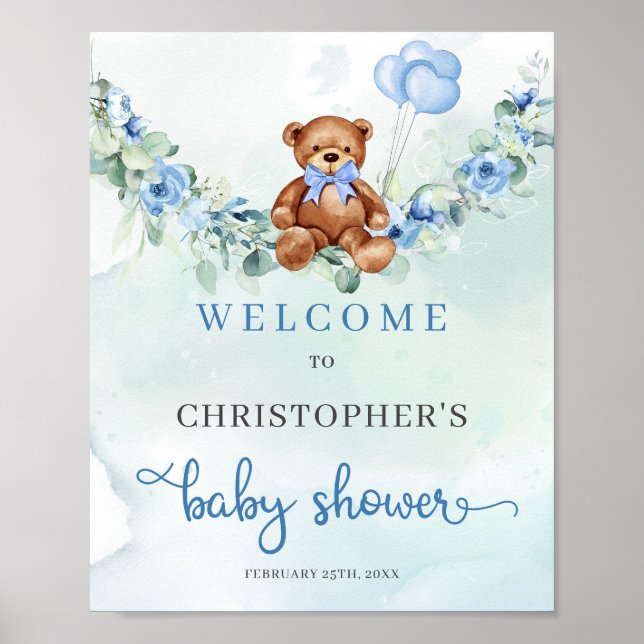 Póster Elegante eucalipto azul de oso de Teddy floral bie (Frente)