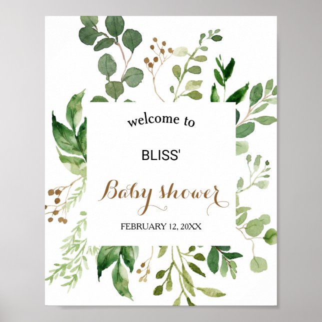 Póster Elegante Eucalyptus Greenery Bienvenida Baby Showe (Frente)