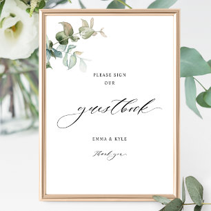 Póster Elegante Eucalyptus Greenery Guestbook Rótulo Boda