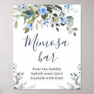 Póster Elegante Eucalyptus Rosas Azules Bar Floral Mimosa