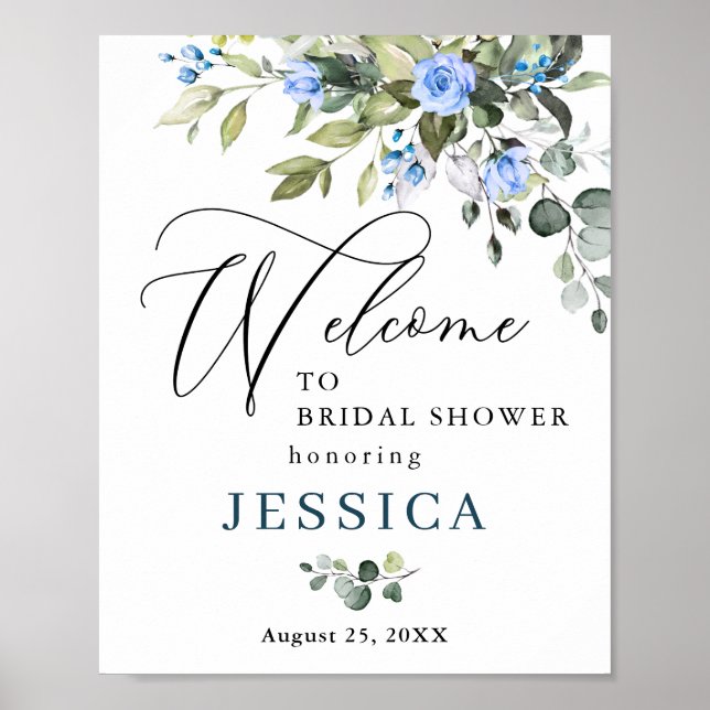 Póster Elegante Eucalyptus Rosas Azules Ducha Bridal (Frente)