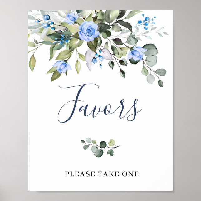 Póster Elegante Eucalyptus Rosas Azules Favores Florales (Frente)