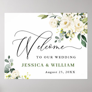 Póster Elegante Eucalyptus White Roses Boda Bienvenida