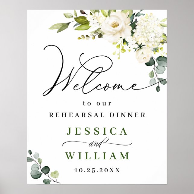 Póster Elegante Eucalyptus White Roses Ensayo Cena (Frente)
