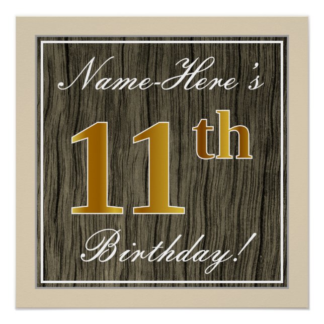 Póster Elegante, Faux Wood, Faux Gold 11th Birthday + Nam (Anverso)