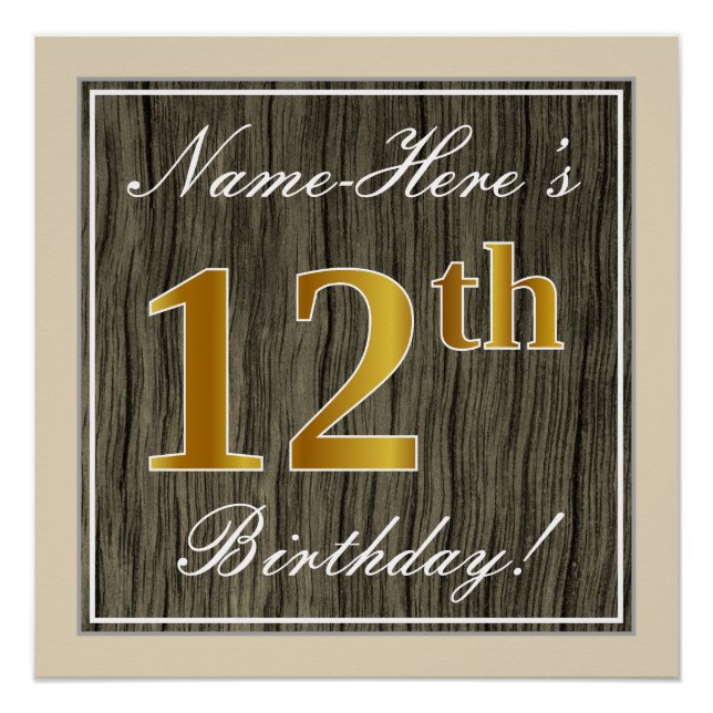 Póster Elegante, Faux Wood, Faux Gold 12th Birthday + Nam (Anverso)
