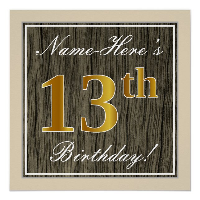 Póster Elegante, Faux Wood, Faux Gold 13th Birthday + Nam (Anverso)