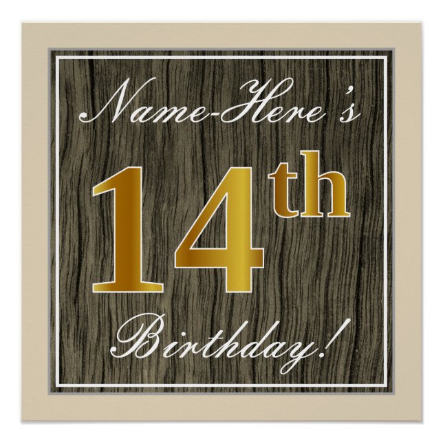 Póster Elegante, Faux Wood, Faux Gold 14th Birthday + Nam (Anverso)