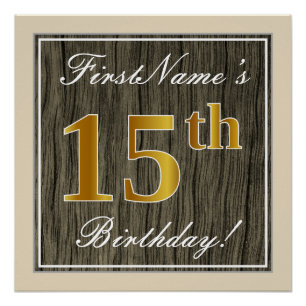 Póster Elegante, Faux Wood, Faux Gold 15th Birthday + Nam