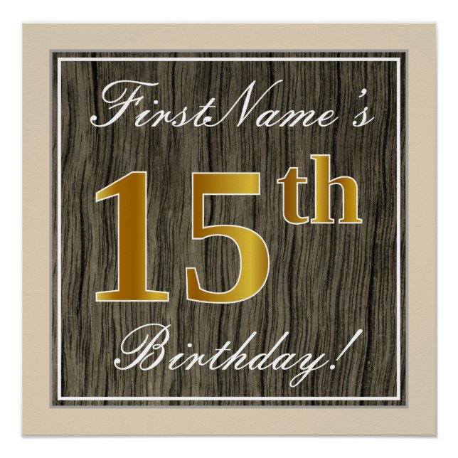 Póster Elegante, Faux Wood, Faux Gold 15th Birthday + Nam (Anverso)