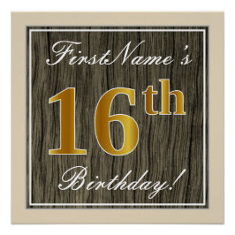 Póster Elegante, Faux Wood, Faux Gold 16th Birthday + Nam