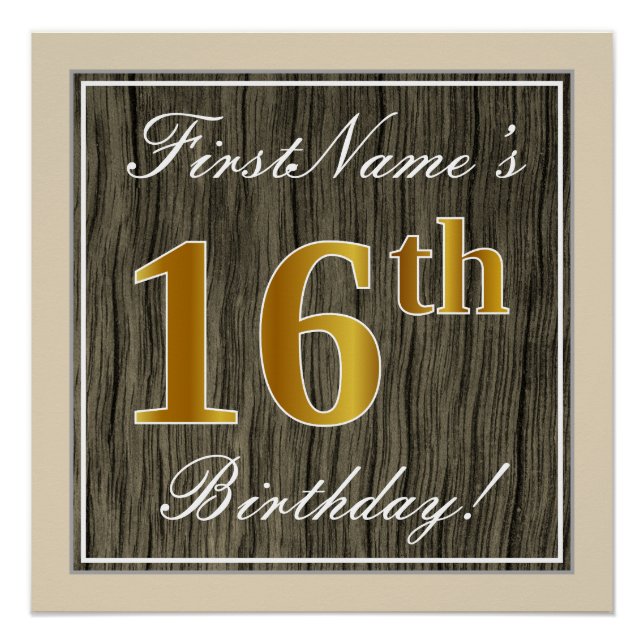 Póster Elegante, Faux Wood, Faux Gold 16th Birthday + Nam (Anverso)