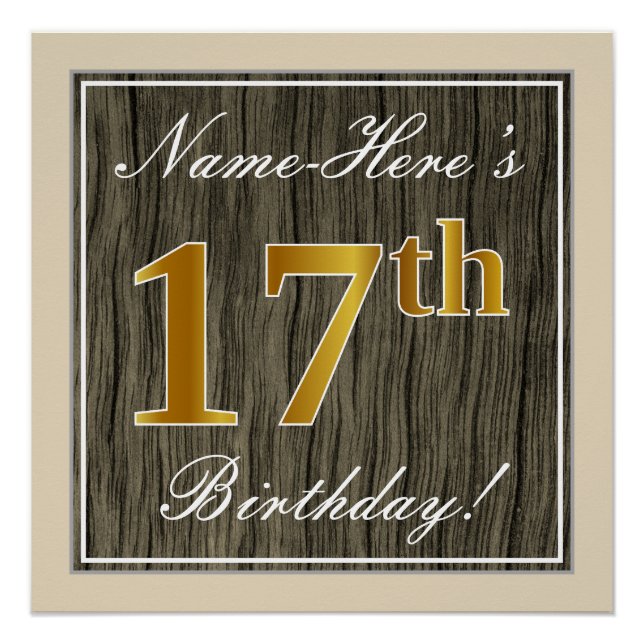 Póster Elegante, Faux Wood, Faux Gold 17th Birthday + Nam (Anverso)