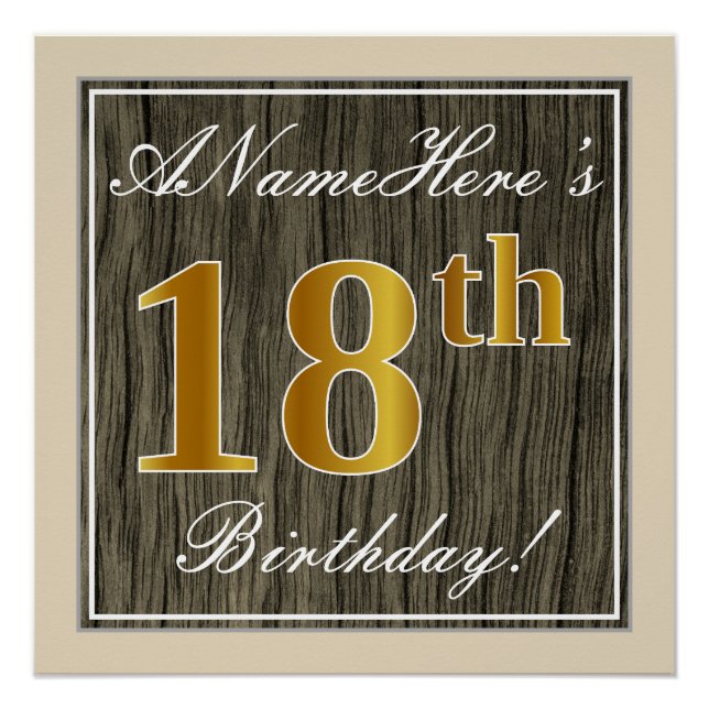 Póster Elegante, Faux Wood, Faux Gold 18th Birthday + Nam (Anverso)
