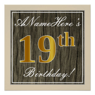 Póster Elegante, Faux Wood, Faux Gold 19th Birthday + Nam