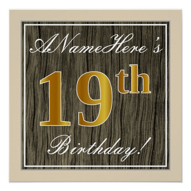 Póster Elegante, Faux Wood, Faux Gold 19th Birthday + Nam (Anverso)