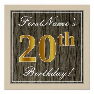 Póster Elegante, Faux Wood, Faux Gold 20th Birthday + Nom