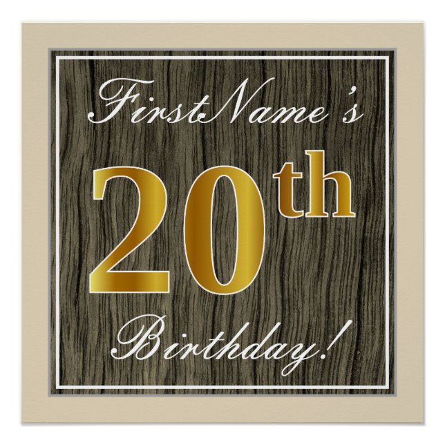 Póster Elegante, Faux Wood, Faux Gold 20th Birthday + Nom (Anverso)