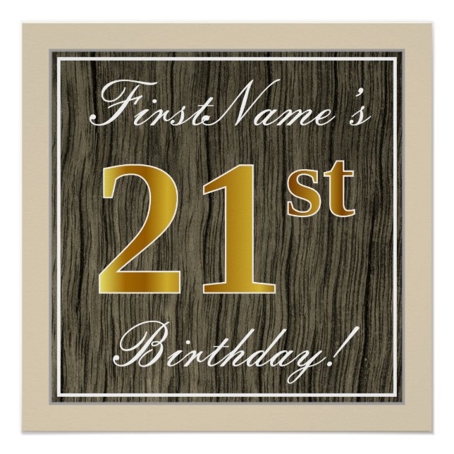 Póster Elegante, Faux Wood, Faux Gold 21st Birthday + Nom (Anverso)