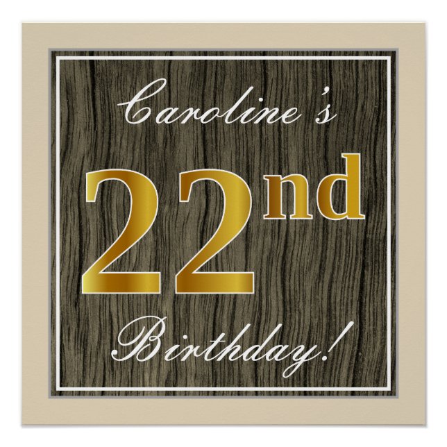 Póster Elegante, Faux Wood, Faux Gold 22nd Birthday + Nom (Anverso)