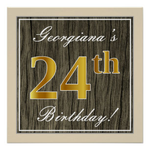 Póster Elegante, Faux Wood, Faux Gold 24th Birthday + Nom