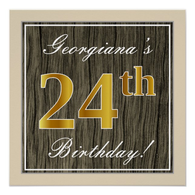 Póster Elegante, Faux Wood, Faux Gold 24th Birthday + Nom (Anverso)