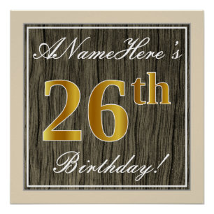 Póster Elegante, Faux Wood, Faux Gold 26th Birthday + Nam