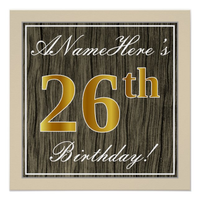 Póster Elegante, Faux Wood, Faux Gold 26th Birthday + Nam (Anverso)