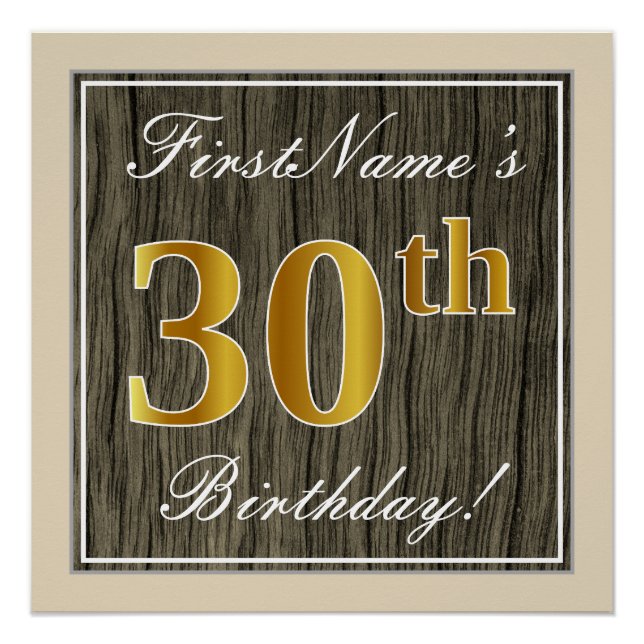 Póster Elegante, Faux Wood, Faux Gold 30th Birthday + Nam (Anverso)