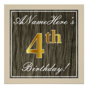 Póster Elegante, Faux Wood, Faux Gold 4Cumpleaños + Nombr