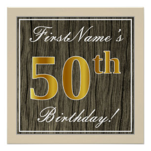 Póster Elegante, Faux Wood, Faux Gold 50th Birthday + Nam