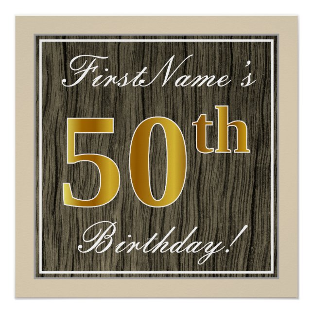 Póster Elegante, Faux Wood, Faux Gold 50th Birthday + Nam (Anverso)