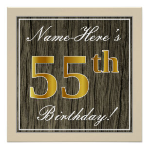 Póster Elegante, Faux Wood, Faux Gold 55th Birthday + Nam