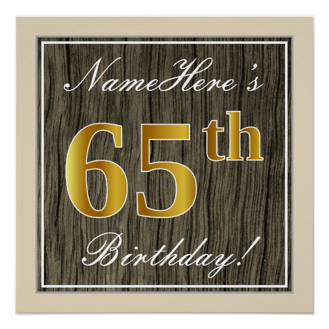 Póster Elegante, Faux Wood, Faux Gold 65th Birthday + Nom (Anverso)