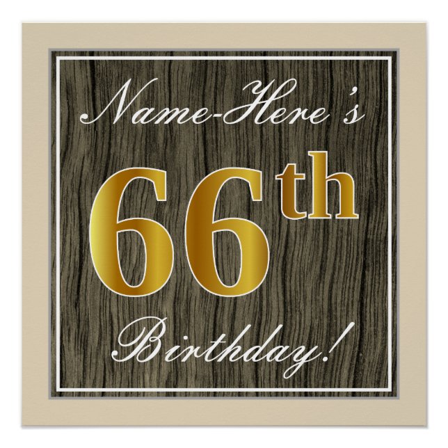 Póster Elegante, Faux Wood, Faux Gold 66th Birthday + Nam (Anverso)