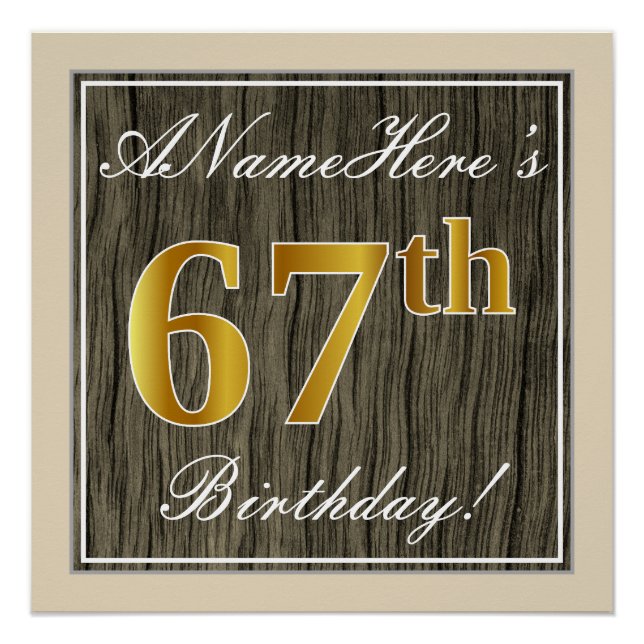 Póster Elegante, Faux Wood, Faux Gold 67th Birthday + Nom (Anverso)