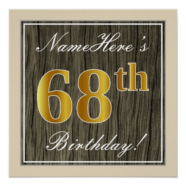 Póster Elegante, Faux Wood, Faux Gold 68th Birthday + Nom (Anverso)