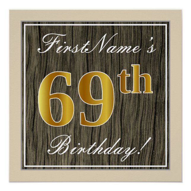 Póster Elegante, Faux Wood, Faux Gold 69th Birthday + Nom (Anverso)