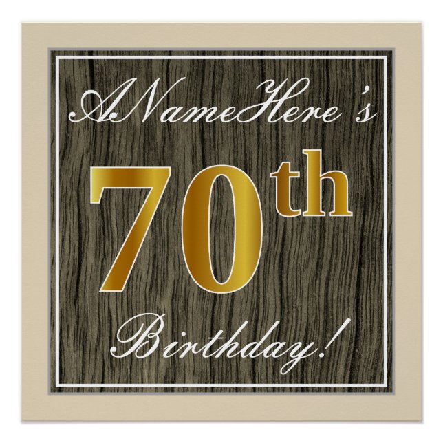 Póster Elegante, Faux Wood, Faux Gold 70th Birthday + Nam (Anverso)