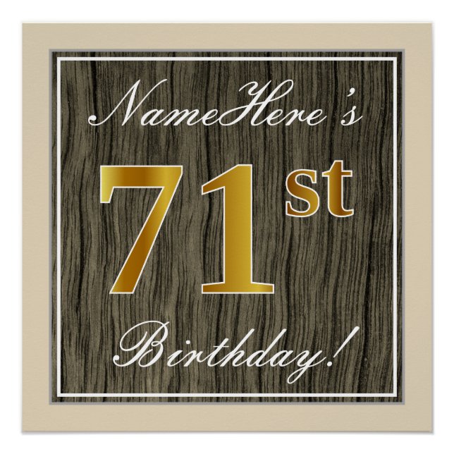 Póster Elegante, Faux Wood, Faux Gold 71st Birthday + Nom (Anverso)