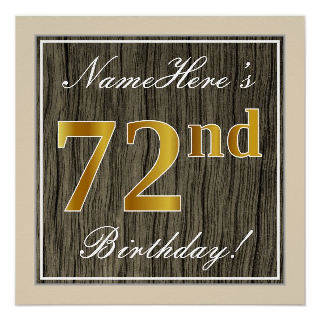 Póster Elegante, Faux Wood, Faux Gold 72nd Birthday + Nom (Anverso)