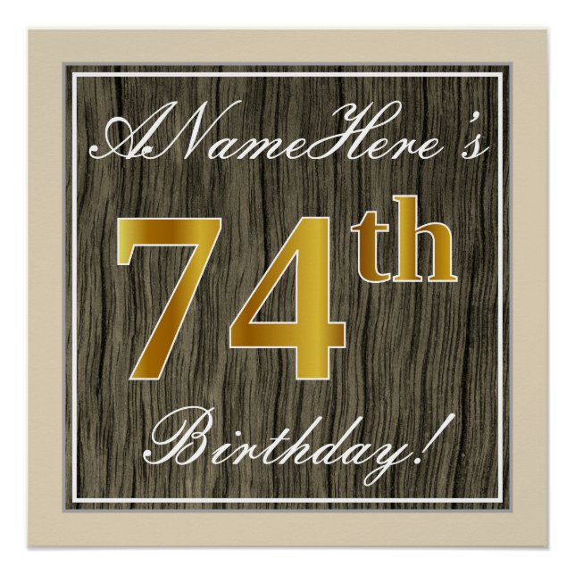 Póster Elegante, Faux Wood, Faux Gold 74th Birthday + Nom (Anverso)