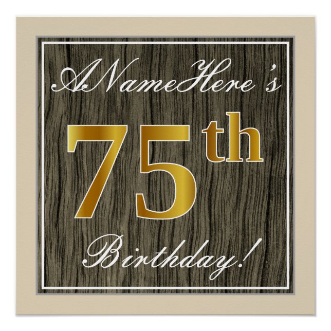 Póster Elegante, Faux Wood, Faux Gold 75th Birthday + Nom (Anverso)
