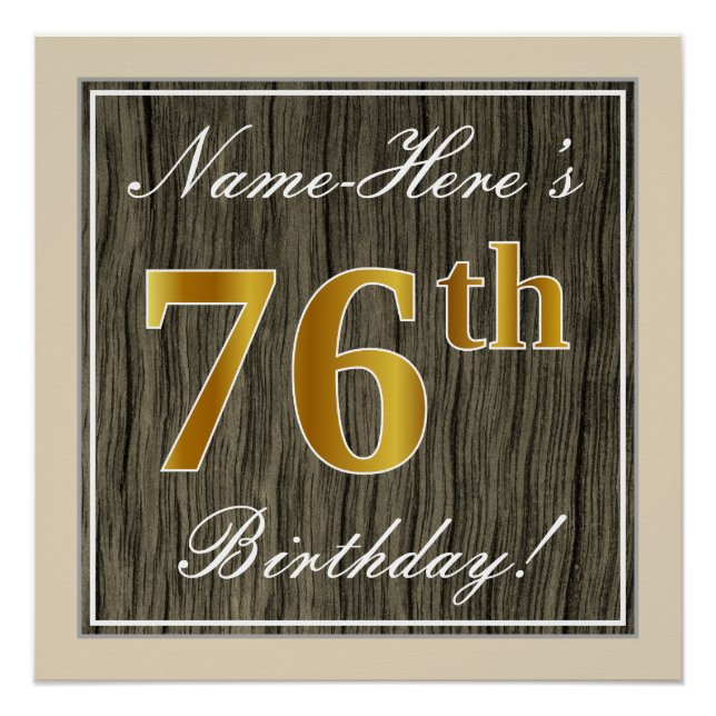 Póster Elegante, Faux Wood, Faux Gold 76th Birthday + Nam (Anverso)
