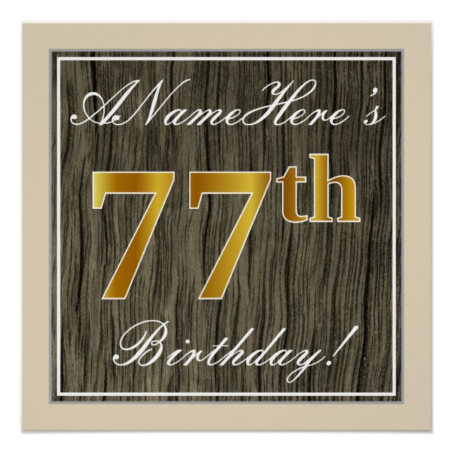 Póster Elegante, Faux Wood, Faux Gold 77th Birthday + Nom (Anverso)