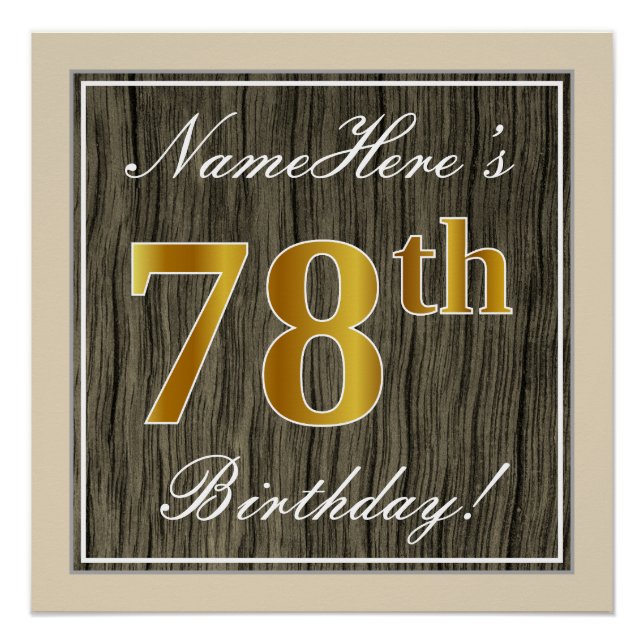 Póster Elegante, Faux Wood, Faux Gold 78th Birthday + Nam (Anverso)