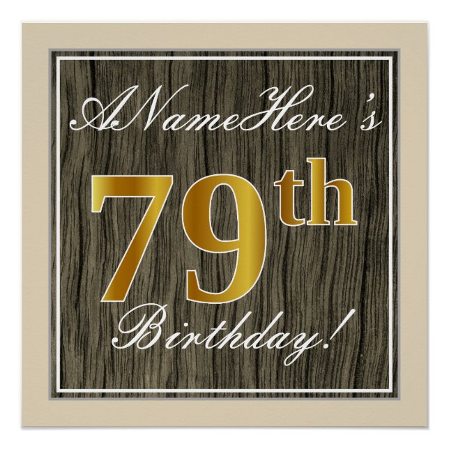 Póster Elegante, Faux Wood, Faux Gold 79th Birthday + Nom (Anverso)
